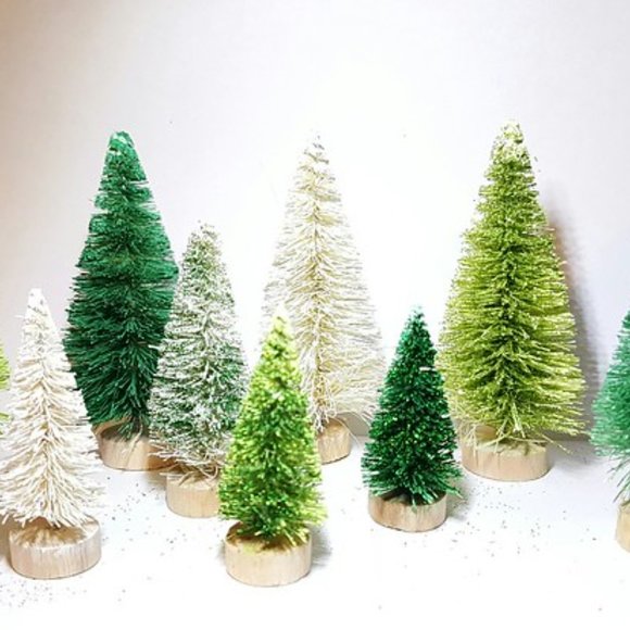 9pc Assorted Light & Dark Green Mini Sisal Bottle Brush Trees Set - Picture 5 of 5